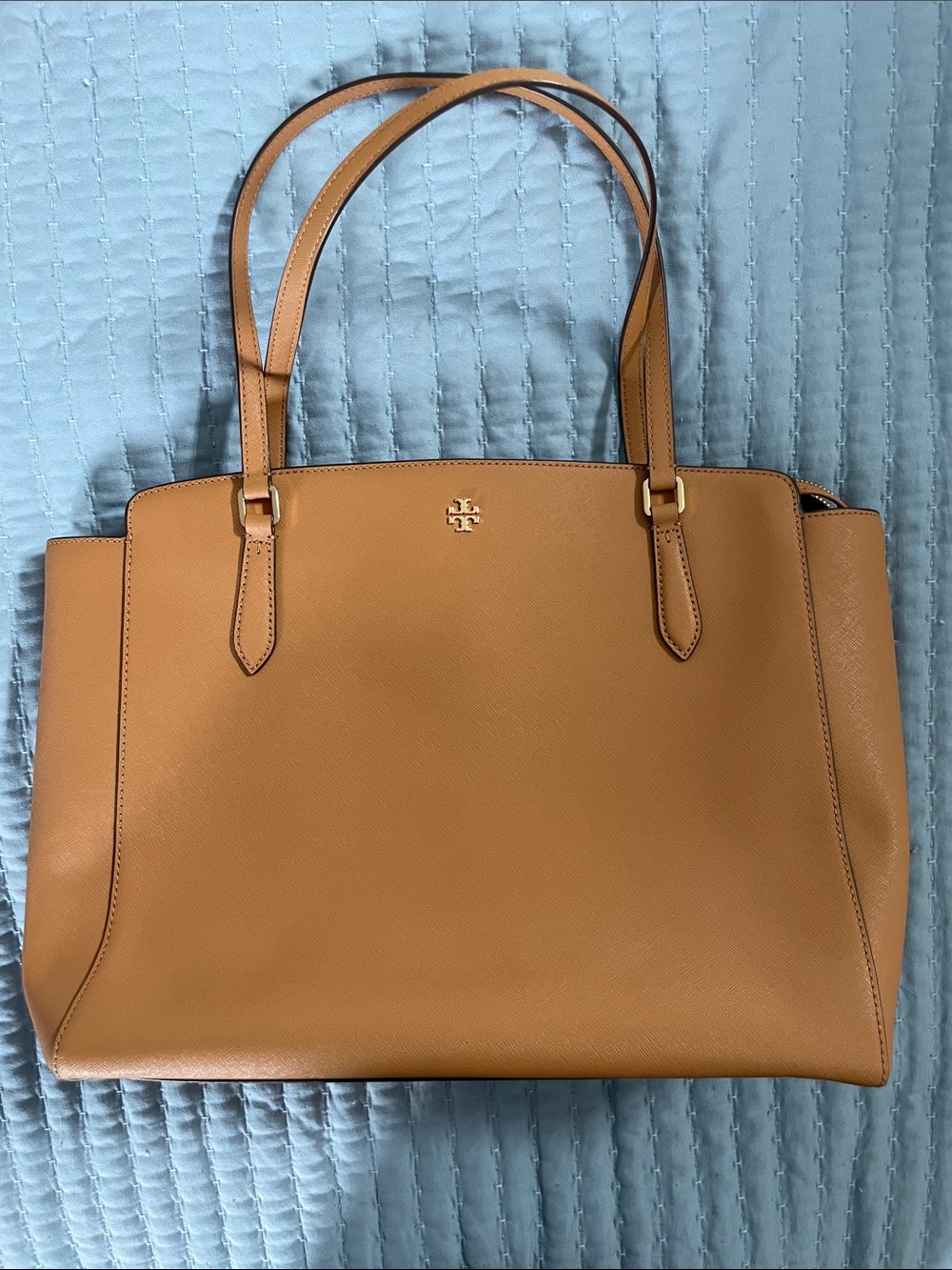 Tory Burch Caramel Tan Leather Tote with Gold Logo